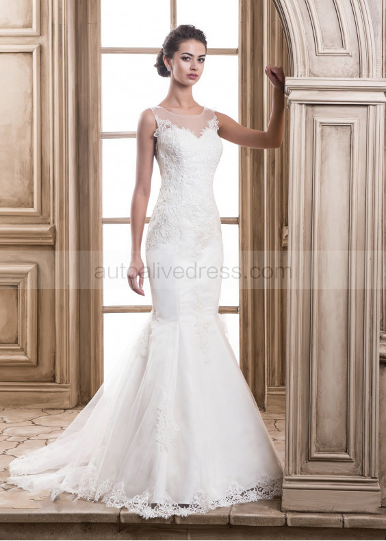 Ivory Lace Tulle Sheer Back Wedding Dress